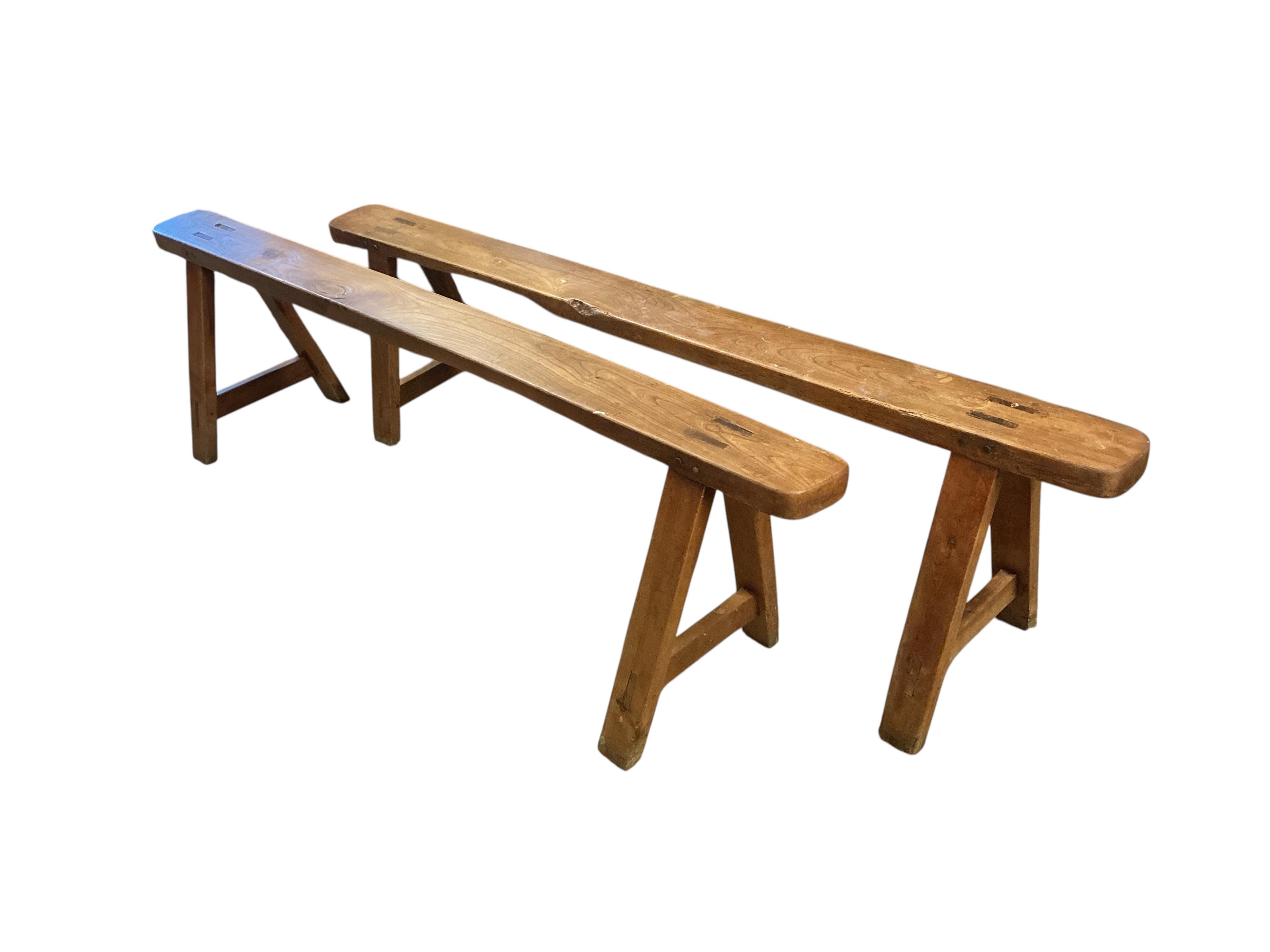 A pair of 19th century elm and bench seats, width 180cm, height 50cm